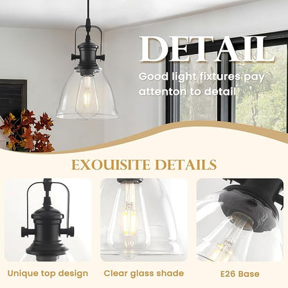 Black Pendant Lights Kitchen Island 2 Pack, Farmhouse Pendant Light, Industrial Clear Glass Pendant Light, 6.5 inches Kitchen Pendant Lighting Over Island Sink Dining Room