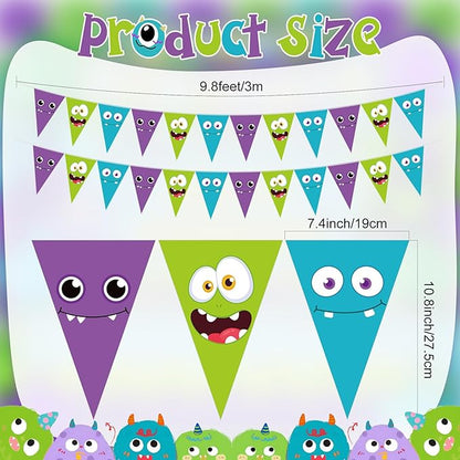 HESTYA 5 Pcs 49 ft Cartoon Monster Pennant Banner Monster Birthday Party Decoration Green Purple Blue Paper Triangle Flag Cute Bunting Garland for Cartoon Themed Party Backdrop Hanging Supplies