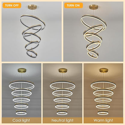 Benkut 5-Rings Modern LED Chandelier Black Gold Dimmable Large High Ceiling Chandeliers Foyer, Remote Pendant Lighting for Foyer Entryway Dining Room Living Room Staircase(10-Ring Lighting, D30in)