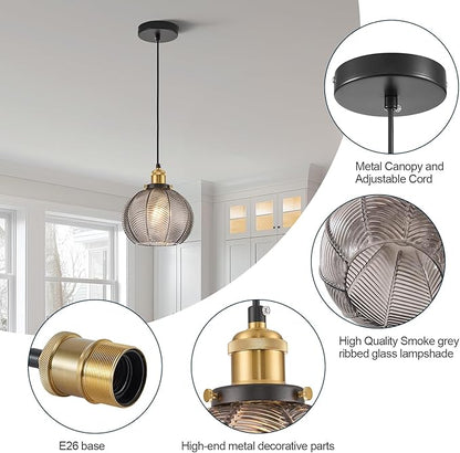 7.8in Vintage Pendant Light 1- Light Kitchen Sink Pendant Lights with Smoke Gray Hand Blown Glass Small Hanging Lamp for Kitchen Island Dining Room Bedroom Bathroom Hallway E26