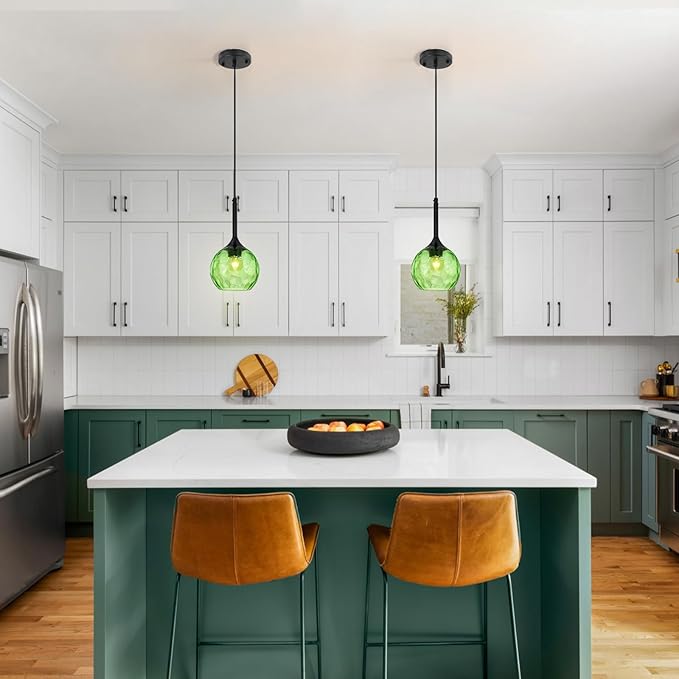 Glass Pendant Lights Kitchen Island: 5.91'' 1-Light Green Hammered Glass Pendant Light with Black Finish - Modern Minimalist Hanging Light Fixture for Kitchen Sink Dining Room - E26 Base