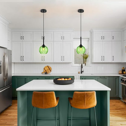 Glass Pendant Lights Kitchen Island: 5.91'' 1-Light Green Hammered Glass Pendant Light with Black Finish - Modern Minimalist Hanging Light Fixture for Kitchen Sink Dining Room - E26 Base
