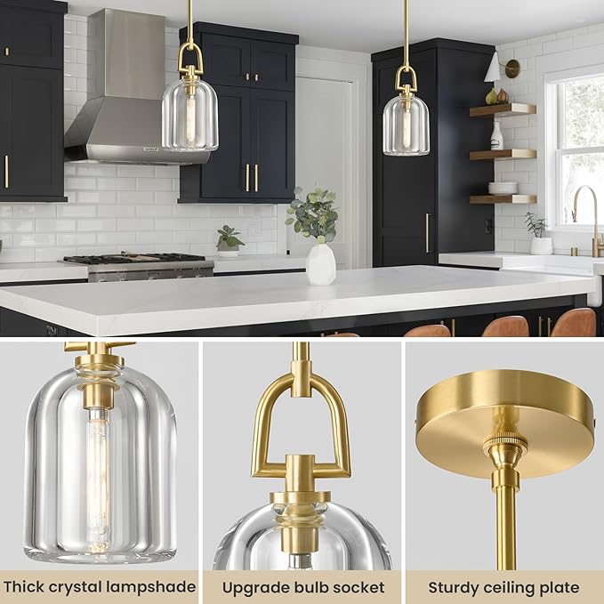 Single K9 Crystal Pendant Light with Brass Rod,5.1" Dimmable Contemporary Cylinder Light Above Dining Table,Modern Ceiling Hanging Lighting for Bedroom E12 Bulbs Included
