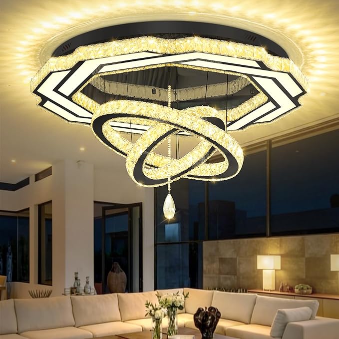 Flashing God Large Crystal Chandelier Dia 48" Black Chandelier Flush Mount Ceiling Light for Bedroom Living Room Dining Room Hallway Dimmable 3 Rings LED Celing Lighting Fixtures