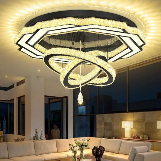 Flashing God Large Crystal Chandelier Dia 48" Black Chandelier Flush Mount Ceiling Light for Bedroom Living Room Dining Room Hallway Dimmable 3 Rings LED Celing Lighting Fixtures