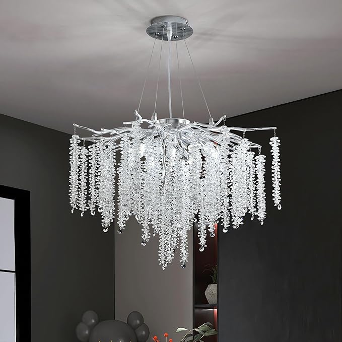 Modern Crystal Tree Branch Chandelier, D23.7'' Silver Round Raindrop Indoor Hanging Pendant Light Fixture for Dining Room Living Room Bedroom 8 Lights