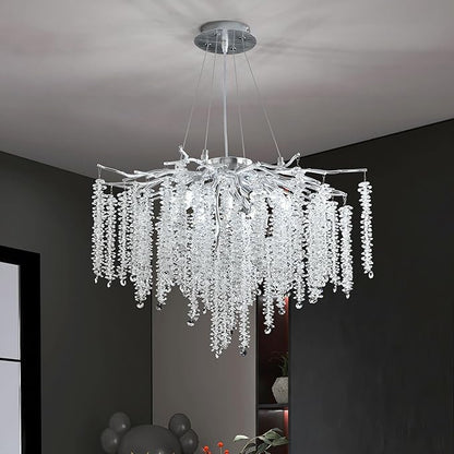 Modern Crystal Tree Branch Chandelier, D23.7'' Silver Round Raindrop Indoor Hanging Pendant Light Fixture for Dining Room Living Room Bedroom 8 Lights