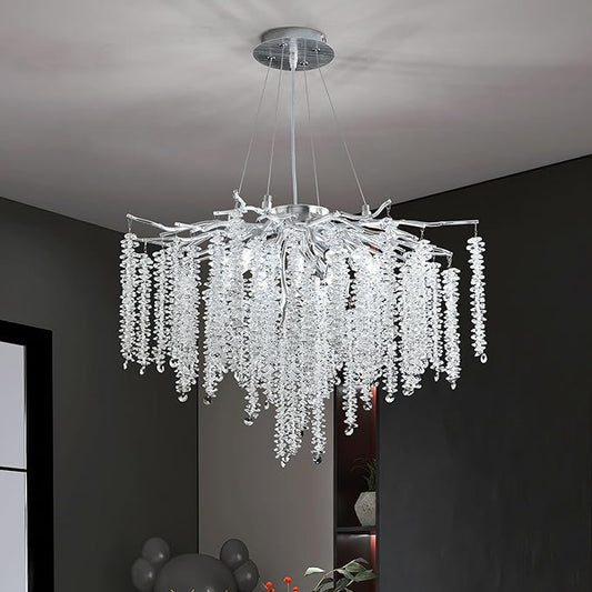 Modern Crystal Tree Branch Chandelier, D23.7'' Silver Round Raindrop Indoor Hanging Pendant Light Fixture for Dining Room Living Room Bedroom 8 Lights