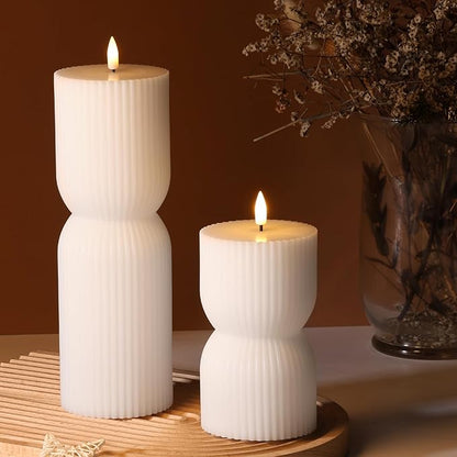 White Ribbed Flameless Pillar Candles with Remote, Real Wax Flickering Battery LED Candles Set of 2