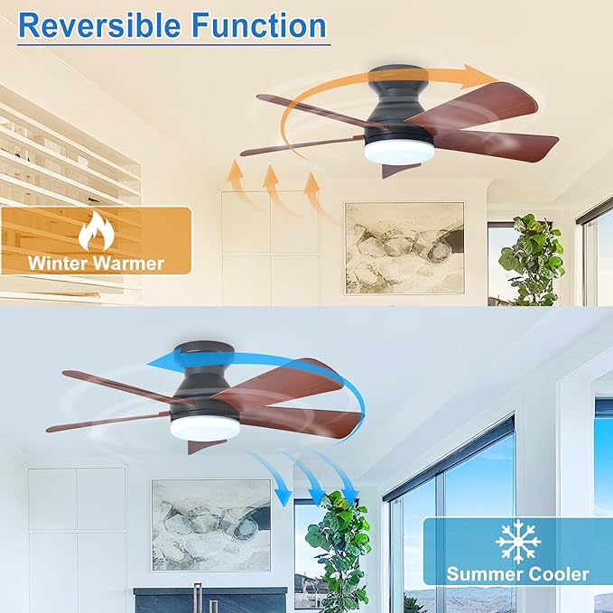Depuley 35-Inch Ceiling Fan with Light: Walnut 5 Blade Low Profile Small Fans for Kitchen Bedroom - Flush Mount Ceiling Fan for Indoor/Outdoor with Remote Control Reversible Timer - 2 Packs