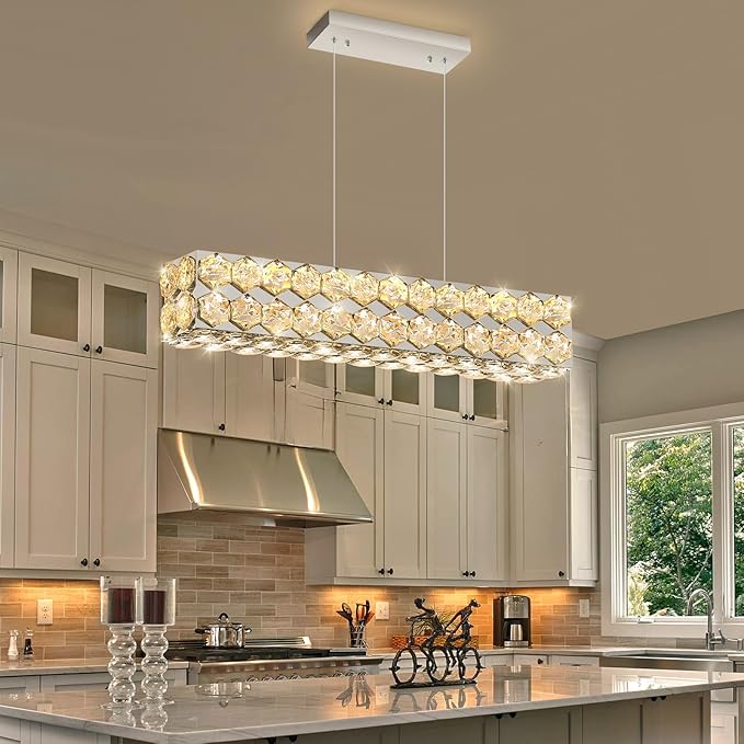 24'' Modern Crystal Chandelier for Dining Room Ceiling Light Fixture for Living Room Hallway Lighting LED Dimmable with Remote Silver