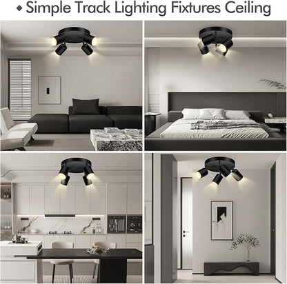 4 Light Track Lighting Fixtures Ceiling, Matte Black Round Directional Ceiling Spotlight, GU10 Flush Mount Track Fixture, Adjustable Modern LED Track Lights for Kitchen/Living Room, Bulb Not Included
