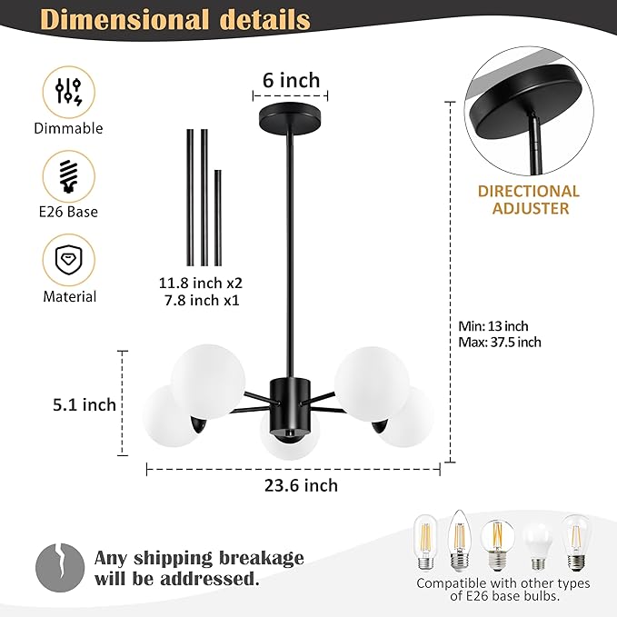 Bagood 5-Light Globe Sputnik Chandelier Mid Century Sputnik Chandeliers Modern Black Globe Pendant Light Matte Black Finished with White Frosted Glass Lampshade for Dining Room Bedroom Kitchen