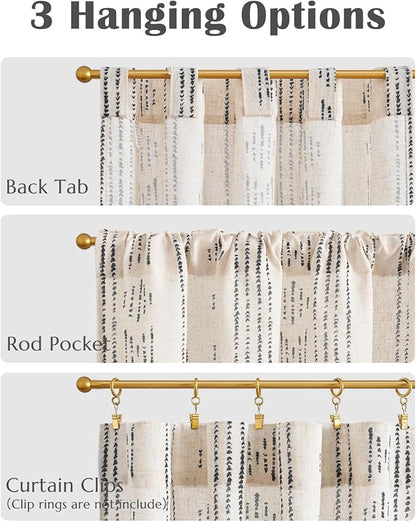 jinchan Boho Kitchen Curtains Linen Cafe Tier Curtains 45 Inch Bohemian Geometric Striped Mudcloth Small Window Drapes for Living Room Bathroom Cabinet Light Filtering Back Tab 2 Panels Black on Flax