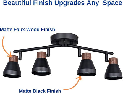 4 Light Modern Track Lighting Kit Black and Faux Wood Finish, Flexibly Adjustable Arm with Multi-Directional Ceiling Spotlight for Kitchen, Bedroom, Living Room,Ding Room Gu10 Not Included