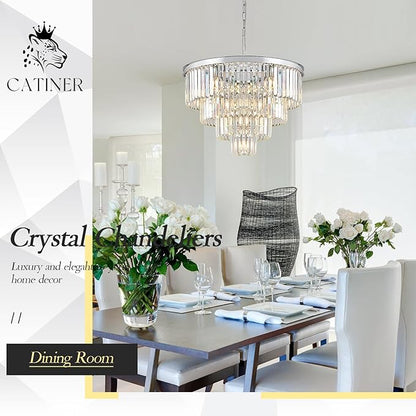 CATINER Modern Chrome Crystal Chandeliers 24” Luxury Chandeliers 4-Tier 12 Lights K9 Crystal Round Ceiling Pendant Light Fixture Contemporary for Living Dining Room Foyer Staircase Bedroom