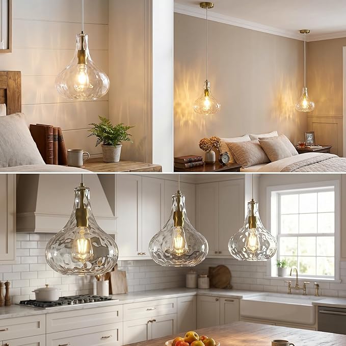Modern Glass Pendant Light 9.44 in Clear Hammered Glass Shade Gold Farmhouse Island Pendant Lights for Kitchen Pendant Lighting Over Sink Bedroom Dining Room (1 Pack)