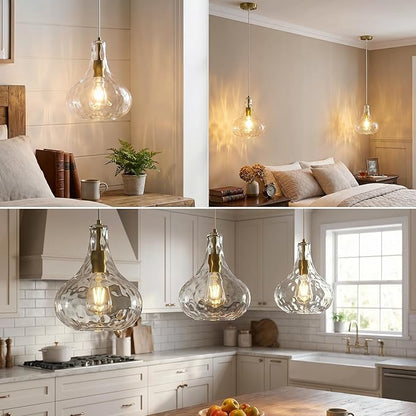 Modern Glass Pendant Light 9.44 in Clear Hammered Glass Shade Gold Farmhouse Island Pendant Lights for Kitchen Pendant Lighting Over Sink Bedroom Dining Room (1 Pack)