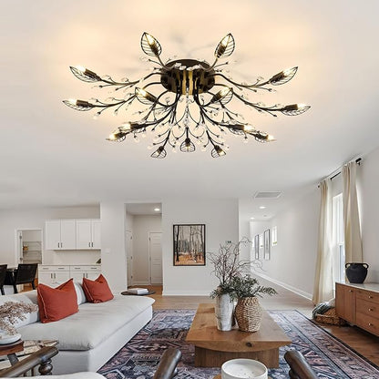 CVKASH 15 Light Vintage Small Crystal Chandelier Modern Branche Semi Flush Mount Ceiling Light Fixture Black Chandelier Lighting for Kitchen Bedroom Living Room Dining Room Hallway Foyer
