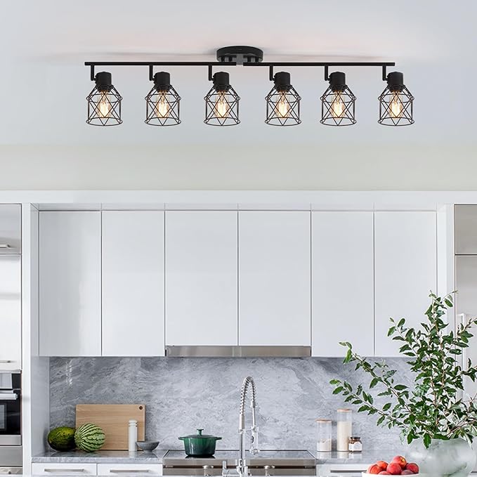 6 Lights Adjustable Multi-Directional Black Light Fixtures, Semi Flush Mount Ceiling Light, Kitchen Light Fixtures, Track Lighting Fixtures Metal Cage Industrial Spotlight Fixtures for Dining Room