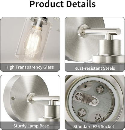 BUTHY Brushed Nickel Wall Light: LED Wall Sconces Indoor, Modern Sconces Wall Lighting with E26 Base and Clear Glass Shade, Wall Light Fixtures for Bedroom, Hallway, Mirror, Living Room