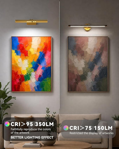 Skairipa Picture Light for Wall, 6000mAh Rechargeable Wireless Wall Lights Remote, 13'' Dimmable LED Art Painting Light with 3 Color Temps, Display for Gallery, Living Room, Hallway (Gold, 1Pack)