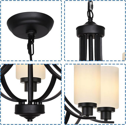 MELUCEE 5 Lights Chandeliers for Dining Room Traditional Chandelier Classic Black Pendant Light with Milky White Glass Shade, Mid Century Modern Chandelier for Kitchen Foyer Bedroom