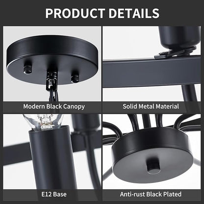 33.5" Industrial Black Chandelier Vintage 12-Lights Rustic Candle Style Chandeliers Light Fixture Retro Farmhouse Black Chandelier for Dining Room, Kitchen Island, Living Room, E12