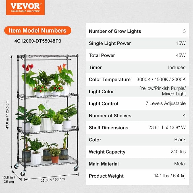 VEVOR Plant Stand with Grow Light, 4-Tier Plant Shelfwith 45W Full Spectrum LED, 3 Mode Plant Light with Timer and Wheel for Seed Starting, Metal Plant Rack for Indoor Plants