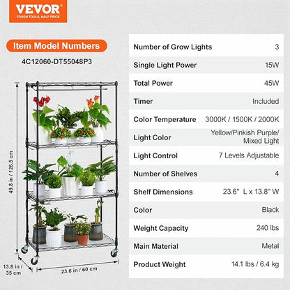 VEVOR Plant Stand with Grow Light, 4-Tier Plant Shelfwith 45W Full Spectrum LED, 3 Mode Plant Light with Timer and Wheel for Seed Starting, Metal Plant Rack for Indoor Plants