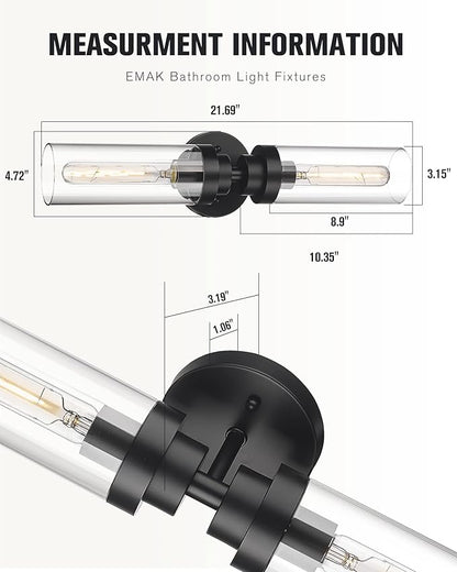 Emak 2 Light Black Vanity Lights for Bathroom,22 Inch Bathroom Light Fixtures Modern Wall Sconces with Clear Glass Shade for Bath, Bedroom, Hallway, VL085-BK-2