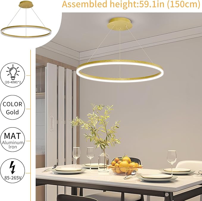 Mikeru Modern Ring Chandelier Light, LED Pendant Light Fixtures with Remote Control 3000k-6500K Adjustable Color Temperature Light for Living Room, Bedroom, Kitchen （15.7in