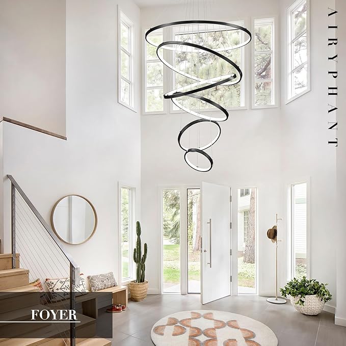 6 Rings Chandelier High Ceiling, Black Modern LED Chandeliers with Remote Control Large Foyer Chandelier Entryway Dimmable Pendant Light Fixture for Living Room Staircase, 3000-6500K