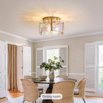 Brushed Gold Semi Flush Mount Ceiling Light Fixture, 14.1'' Modern Drum Glass Hallway Ceiling Light Fixtures, Mid Century Kitchen Lights for Entryway Foyer Dining Room Table Bathroom Bedroom Laundry