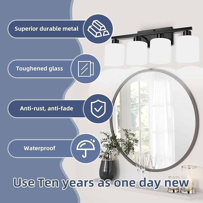 SILAMPDI Black Bathroom Light Fixtures Over Mirror, 4-Light Vanity Lights for Bathroom, Modern Wall Sconces Lighting for Bedroom Living Room, Milky White Glass Shades, E26 Base, Bulbs Not Included