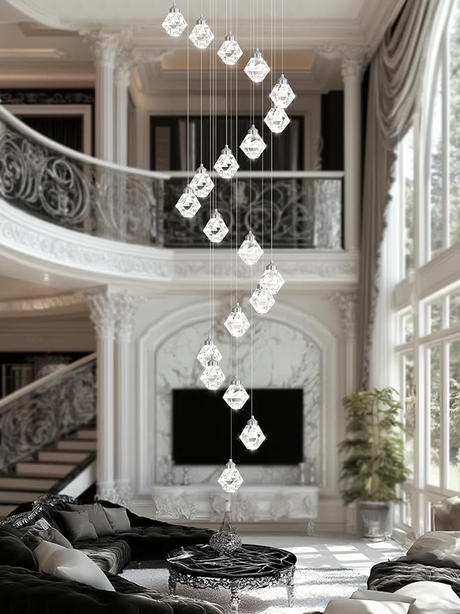 H142in Modern Crystal Chandeliers Large Chandeliers for High Ceiling Chrome Pendant Light Fixture 26-Lights Large Pendant Light for Staircase Living Room Hallway Entryway