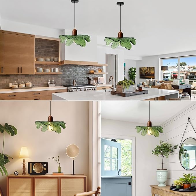 Vintage Green Pendant Lights Kitchen Island, Adjustable Hanging Ceiling Light Fixture, 13 Inch Flower Glass Shade, Mid Century Modern Farmhouse Chandelier for Bedroom Dining Room 1 Light
