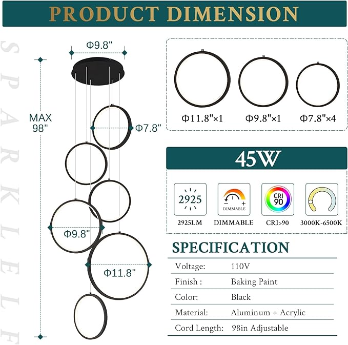 6 Rings Modern LED Chandelier for High Ceiling Dimmable Black Contemporary Pendant Light Fixture Long Foyer Chandelier for Entryway Staircase Dining Room Living Room, 3000-6500K
