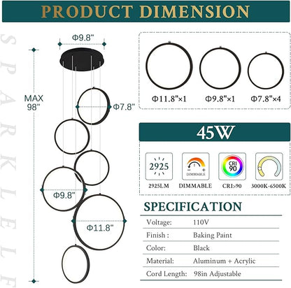 6 Rings Modern LED Chandelier for High Ceiling Dimmable Black Contemporary Pendant Light Fixture Long Foyer Chandelier for Entryway Staircase Dining Room Living Room, 3000-6500K