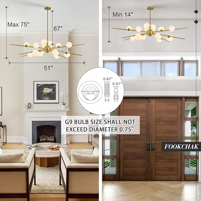 Large Gold Sputnik Chandelier 51in 16-Light Frosted Glass Chandelier Light Fixture Mid-Century Modern Molecular Chandeliers for Large Living Room Dining Room Foyer Kitchen Bedroom