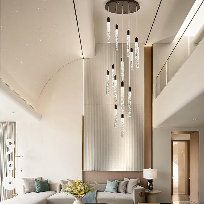 GEADI Modern LED High Ceiling Chandelier with Remote Control,16 Lights Crystal Foyer Chandeliers for High Ceilings,Black Dimmable Long Pendant Light for Staircase Entryway Living Room