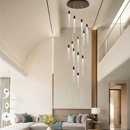 GEADI Modern LED High Ceiling Chandelier with Remote Control,16 Lights Crystal Foyer Chandeliers for High Ceilings,Black Dimmable Long Pendant Light for Staircase Entryway Living Room