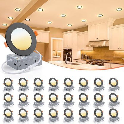 VOLISUN 24 Pack 4 inch Recessed Lighting, 5CCT LED Black Recessed Light, 2700K-5000K Selectable, Can-Killer, Dimmable Canless Wafer Downlight, LED Ceiling Light ETL Certificated