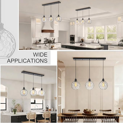 3 Light Pendant Lighting, Black Island Lights for Kitchen, 31.5" Globe Pendant Light with Clear Hammered Glass Shade, Adjustable Farmhouse Hanging Light Fixtures for Dining Room