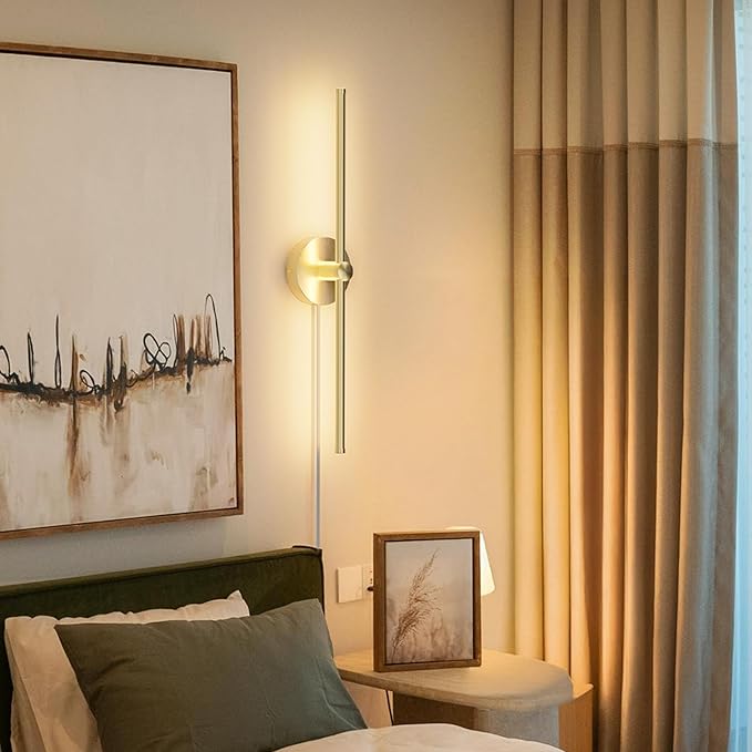 ZAGO Plug in or Hardwired Linear Wall Sconce: 24 Inch LED Indoor Modern Linear Wall Lights Set of Two with On/Off Switch, 5CCT Switchable, Brushed Gold, Dimmable for Living Room, Bedroom, Hallway