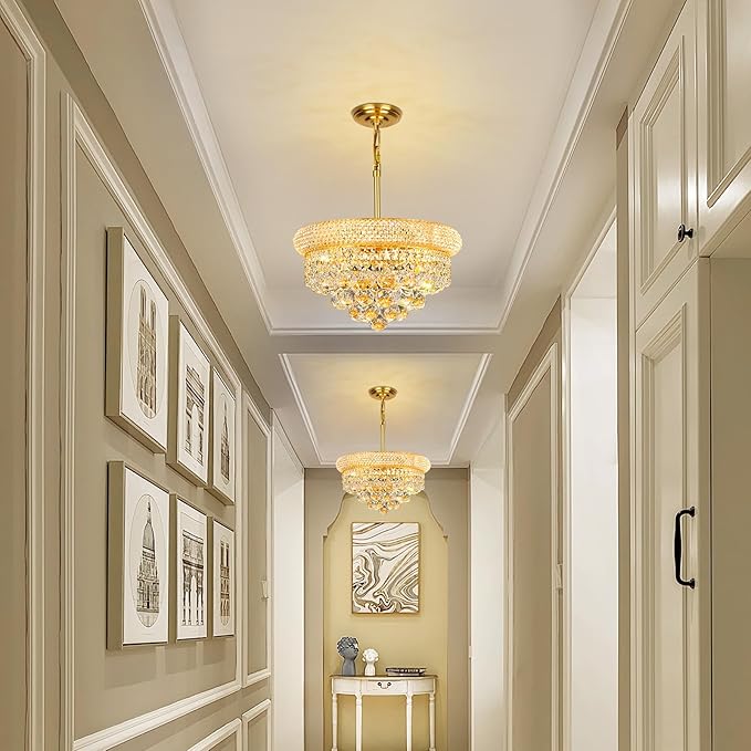 Crystal Chandeliers for Dining Room Light Fixture Over Table, Empire Style K9 Crystal Chandeliers for Bedroom, 4 Lights Gold Luxury Lighting Fixtures for Entryway Kitchen Island Foyer D15 Inch
