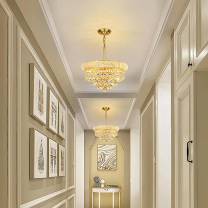 Crystal Chandeliers for Dining Room Light Fixture Over Table, Empire Style K9 Crystal Chandeliers for Bedroom, 4 Lights Gold Luxury Lighting Fixtures for Entryway Kitchen Island Foyer D15 Inch