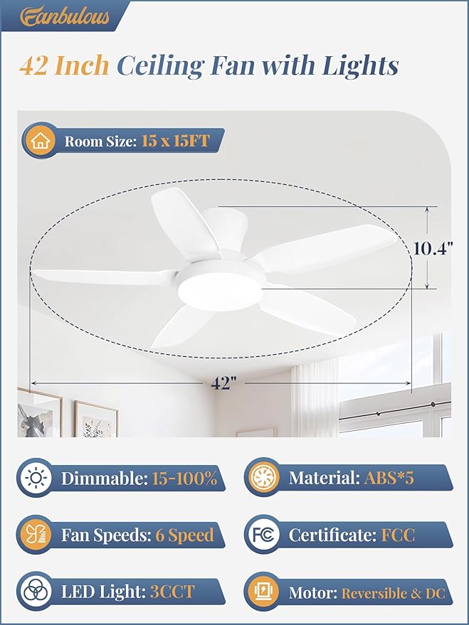 Fanbulous Ceiling Fans with Lights, 42 inch Low Profile Flush Mount Ceiling Fan with Remote/APP Control,Black Modern Ceiling Fan with LED Light for Bedroom Indoor Outdoor-LED Dimmable, 3CCT, 6 Speeds