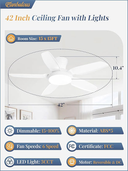 Fanbulous Ceiling Fans with Lights, 42 inch Low Profile Flush Mount Ceiling Fan with Remote/APP Control,Black Modern Ceiling Fan with LED Light for Bedroom Indoor Outdoor-LED Dimmable, 3CCT, 6 Speeds