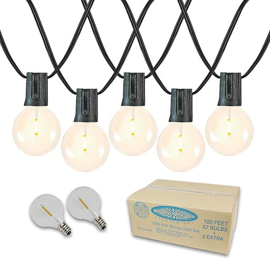 Novelty Lights 100 Feet G40 LED Patio String Light Set with 67 Bulbs, Warm White, Weather Resistant and Shatterproof Replaceable Plastic Globe Bulbs, Black Wire